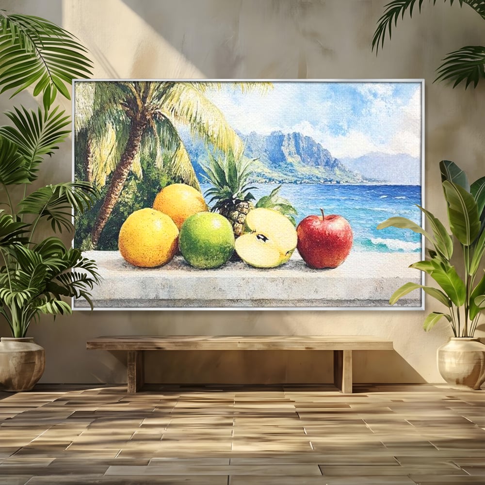 Leinwand Premium Canvas Wall Art, LuxCanva® N1146, Von den Früchten, Apfel, Mango, Ananas, Obst, frisch, tropisch, Palme, Ozean, Urlaub, köstlich, Kneipe, Bar, Lounge, Restaurant, Küche