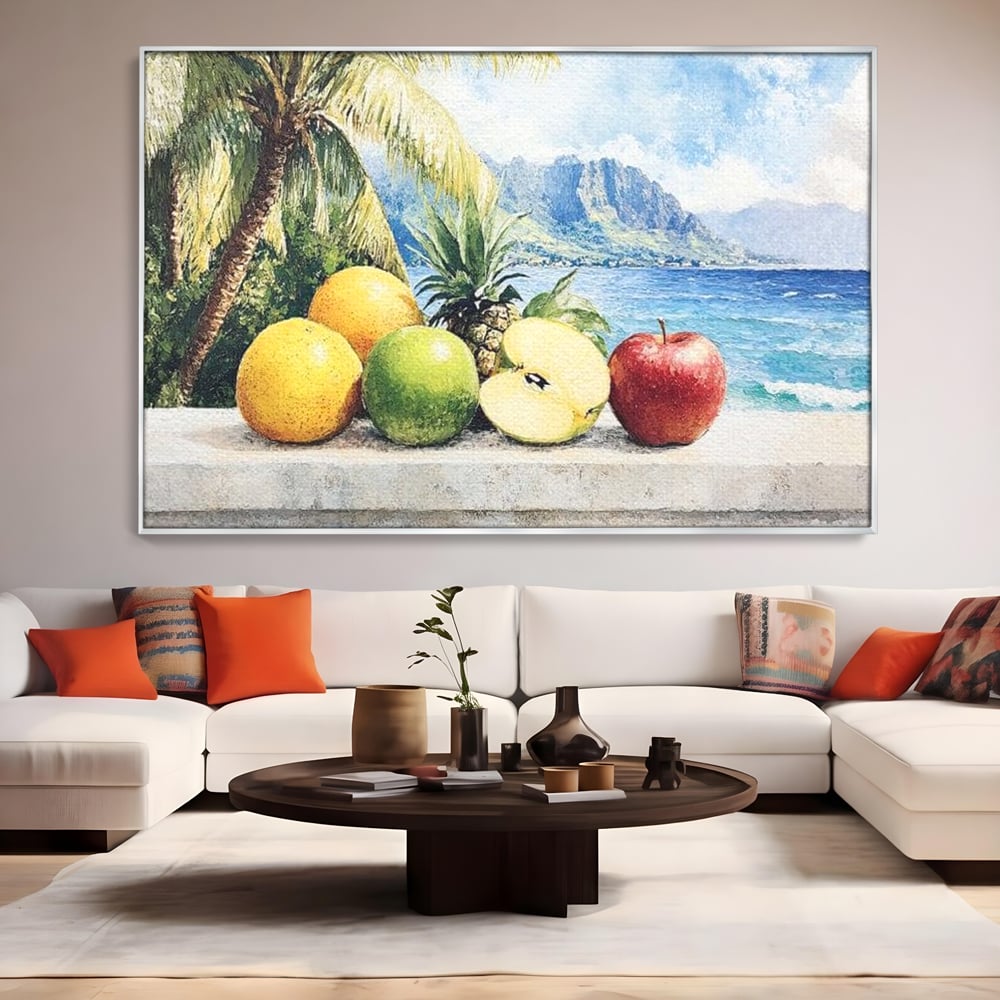 Leinwand Premium Canvas Wall Art, LuxCanva® N1146, Von den Früchten, Apfel, Mango, Ananas, Obst, frisch, tropisch, Palme, Ozean, Urlaub, köstlich, Kneipe, Bar, Lounge, Restaurant, Küche