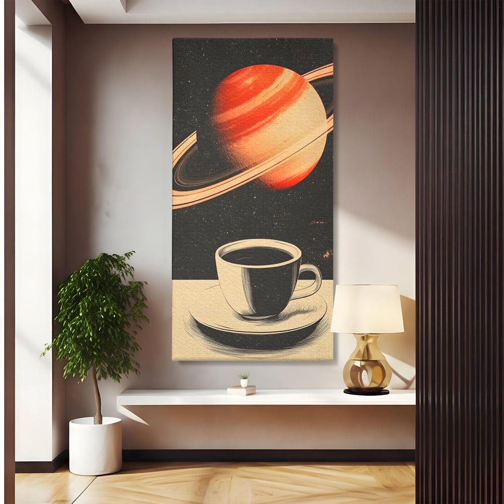 Tablou Canvas Premium, LuxCanva® N1148, Ritual Interstelar, Saturn, Planeta, Univers, Cosmos, Ceasca, Cafea, Espresso, Cafenea, Pub, Bar, Lounge, Restaurant, Bucatarie