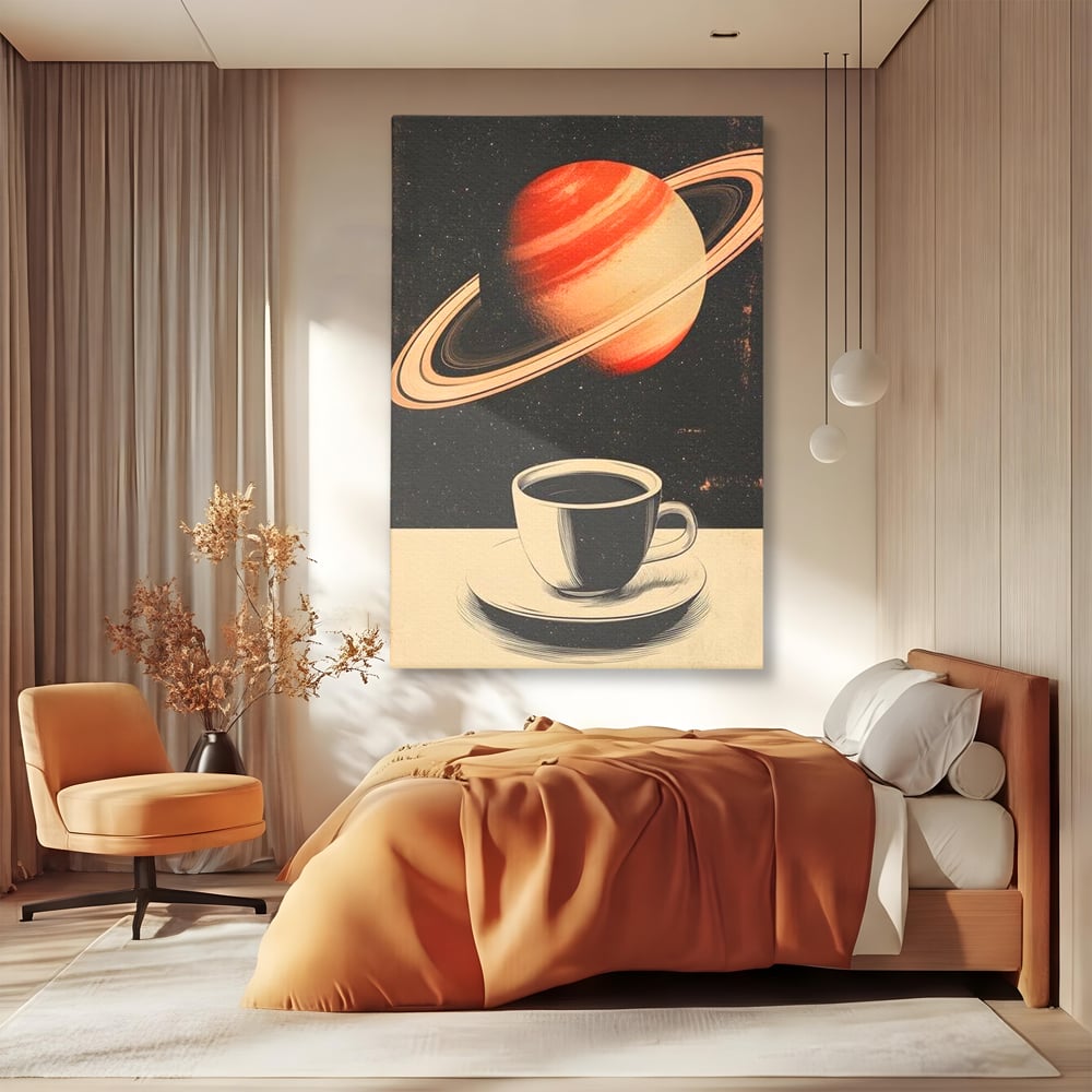 Tablou Canvas Premium, LuxCanva® N1148, Ritual Interstelar, Saturn, Planeta, Univers, Cosmos, Ceasca, Cafea, Espresso, Cafenea, Pub, Bar, Lounge, Restaurant, Bucatarie