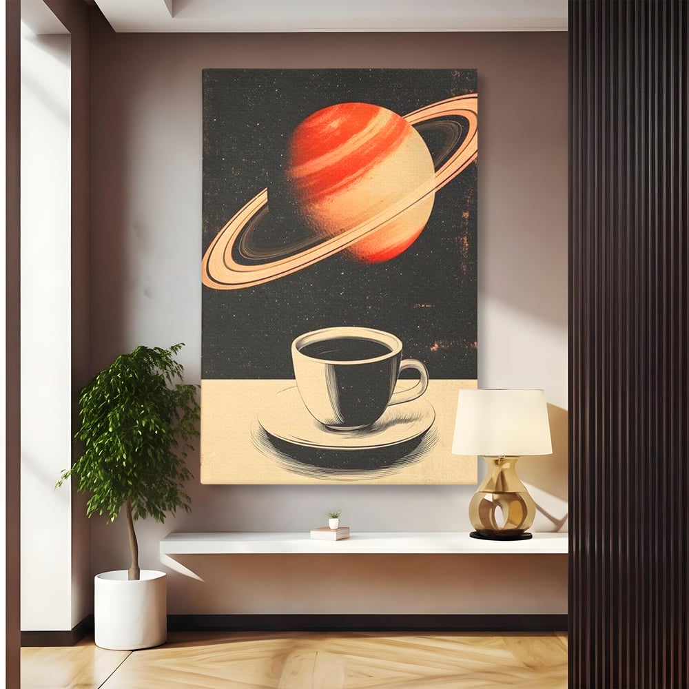 Tablou Canvas Premium, LuxCanva® N1148, Ritual Interstelar, Saturn, Planeta, Univers, Cosmos, Ceasca, Cafea, Espresso, Cafenea, Pub, Bar, Lounge, Restaurant, Bucatarie