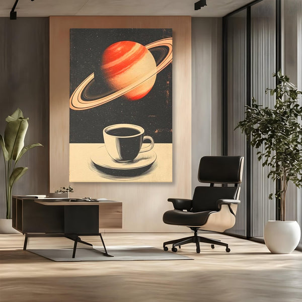 Tablou Canvas Premium, LuxCanva® N1148, Ritual Interstelar, Saturn, Planeta, Univers, Cosmos, Ceasca, Cafea, Espresso, Cafenea, Pub, Bar, Lounge, Restaurant, Bucatarie