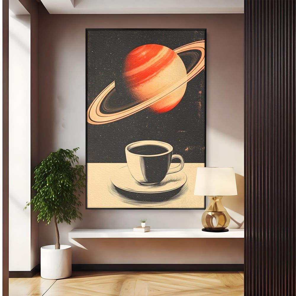 Tablou Canvas Premium, LuxCanva® N1148, Ritual Interstelar, Saturn, Planeta, Univers, Cosmos, Ceasca, Cafea, Espresso, Cafenea, Pub, Bar, Lounge, Restaurant, Bucatarie