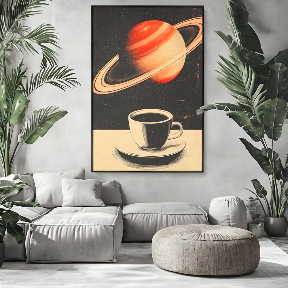Tablou Canvas Premium, LuxCanva® N1148, Ritual Interstelar, Saturn, Planeta, Univers, Cosmos, Ceasca, Cafea, Espresso, Cafenea, Pub, Bar, Lounge, Restaurant, Bucatarie