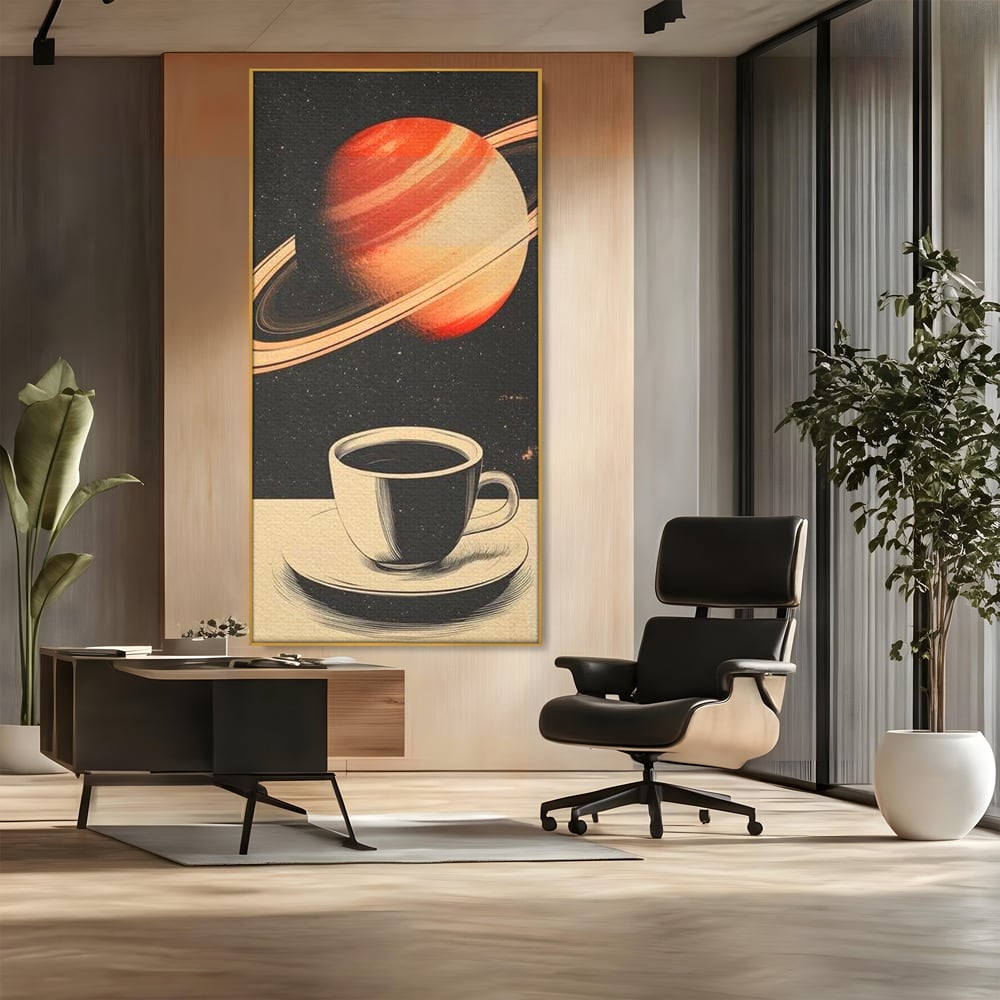 Tablou Canvas Premium, LuxCanva® N1148, Ritual Interstelar, Saturn, Planeta, Univers, Cosmos, Ceasca, Cafea, Espresso, Cafenea, Pub, Bar, Lounge, Restaurant, Bucatarie