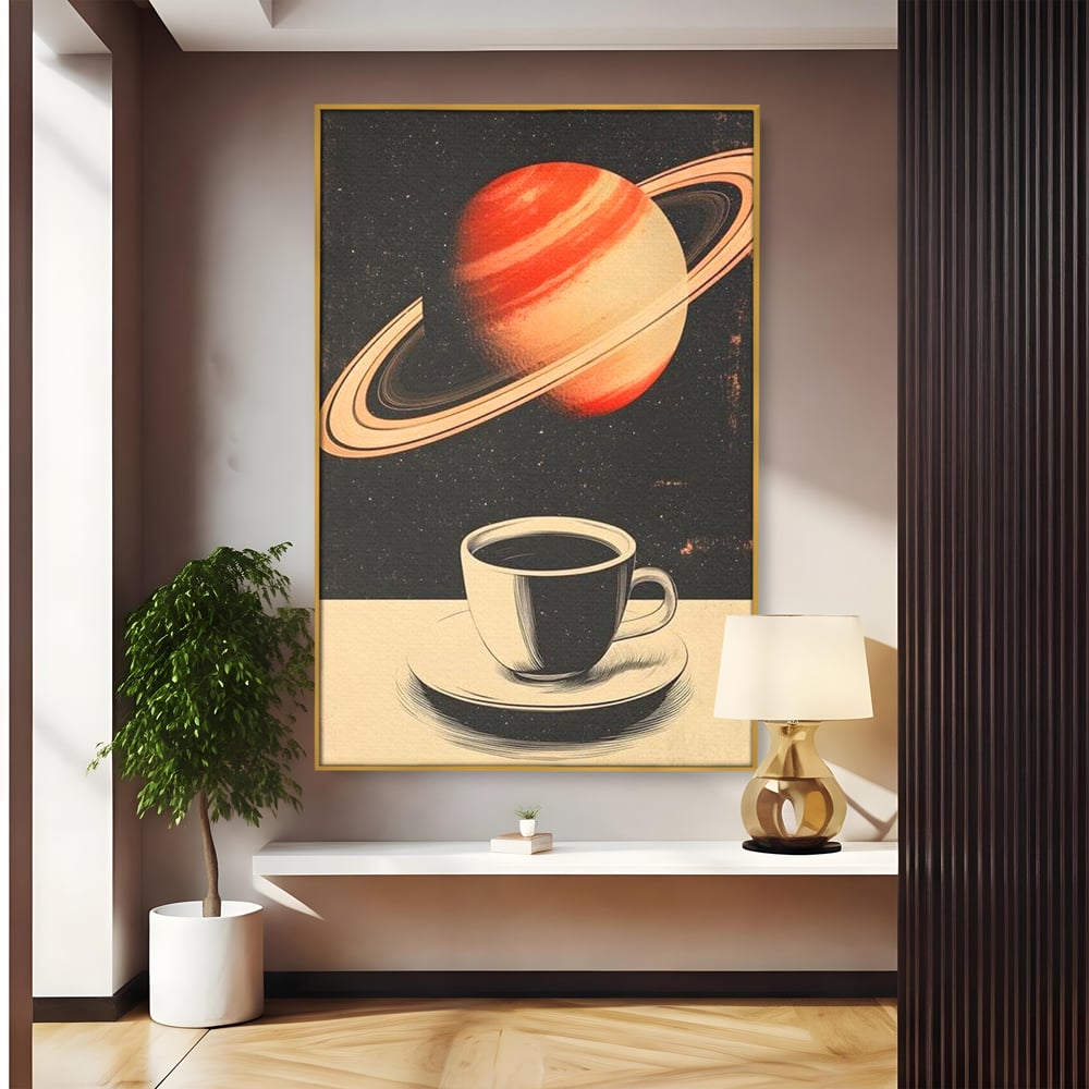 Tablou Canvas Premium, LuxCanva® N1148, Ritual Interstelar, Saturn, Planeta, Univers, Cosmos, Ceasca, Cafea, Espresso, Cafenea, Pub, Bar, Lounge, Restaurant, Bucatarie