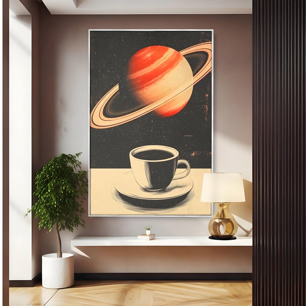 Tablou Canvas Premium, LuxCanva® N1148, Ritual Interstelar, Saturn, Planeta, Univers, Cosmos, Ceasca, Cafea, Espresso, Cafenea, Pub, Bar, Lounge, Restaurant, Bucatarie