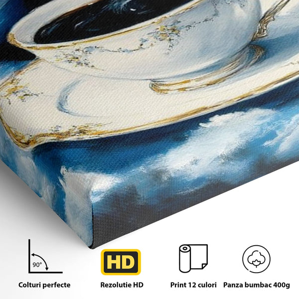 Tablou Canvas Premium, LuxCanva® N1150, Orbita Albastra, Ceasca, Cafea, Espresso, Aburi, Planeta, Cosmos, Stele, Cafenea, Pub, Bar, Lounge, Restaurant, Bucatarie