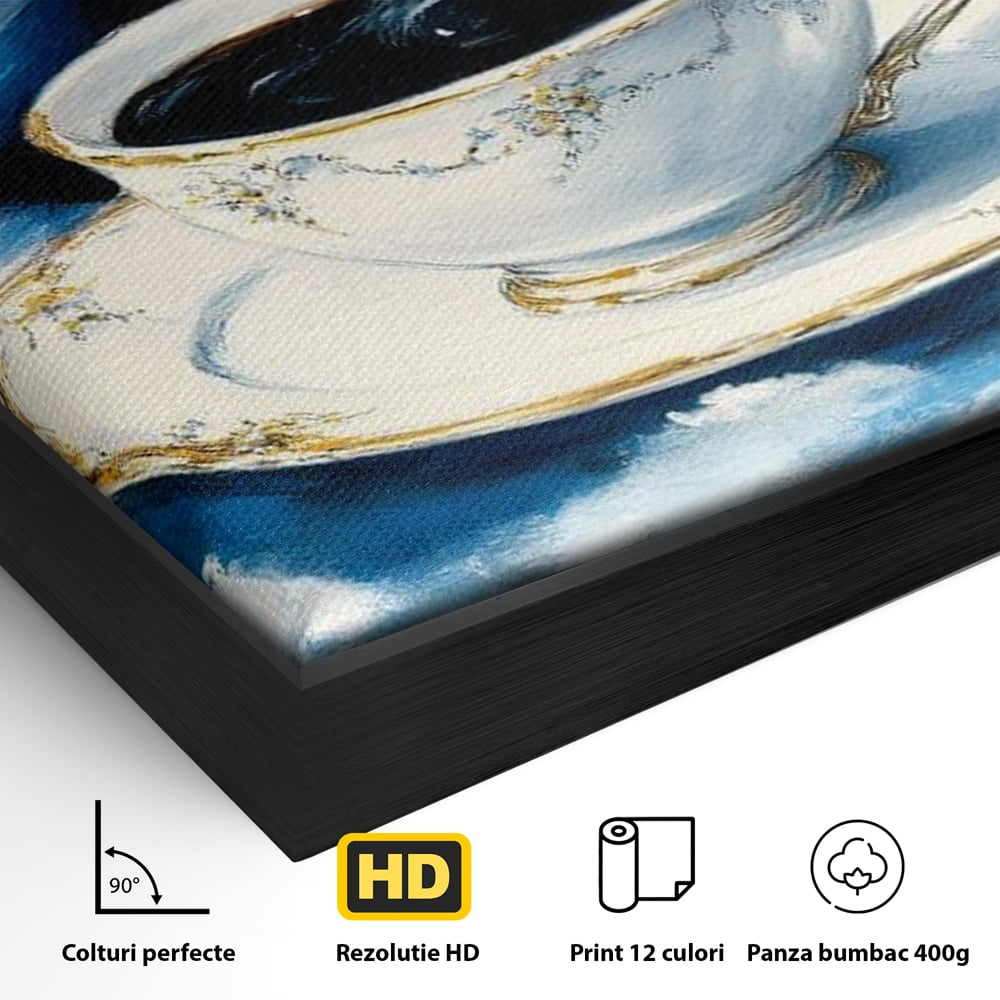 Tablou Canvas Premium, LuxCanva® N1150, Orbita Albastra, Ceasca, Cafea, Espresso, Aburi, Planeta, Cosmos, Stele, Cafenea, Pub, Bar, Lounge, Restaurant, Bucatarie