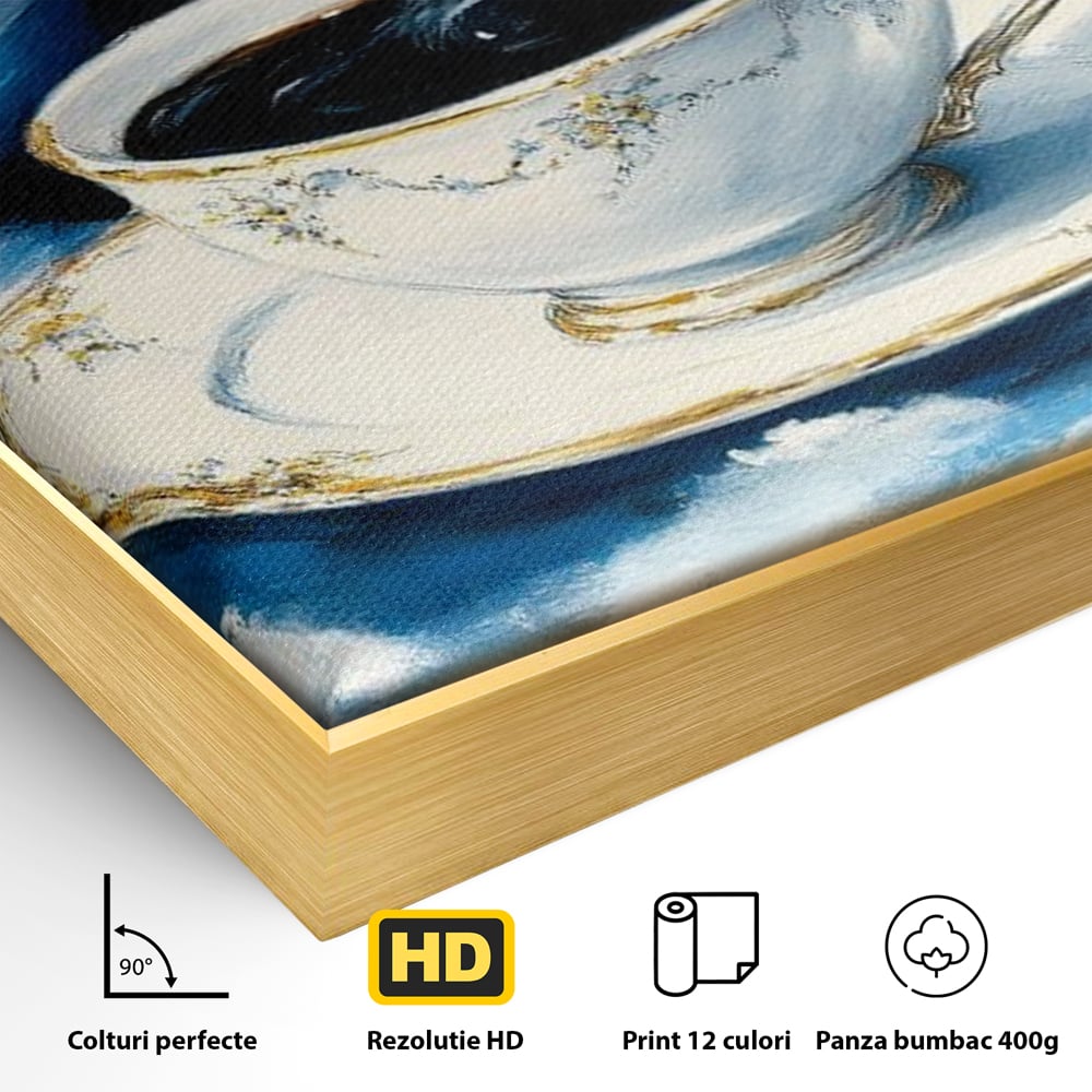 Tablou Canvas Premium, LuxCanva® N1150, Orbita Albastra, Ceasca, Cafea, Espresso, Aburi, Planeta, Cosmos, Stele, Cafenea, Pub, Bar, Lounge, Restaurant, Bucatarie
