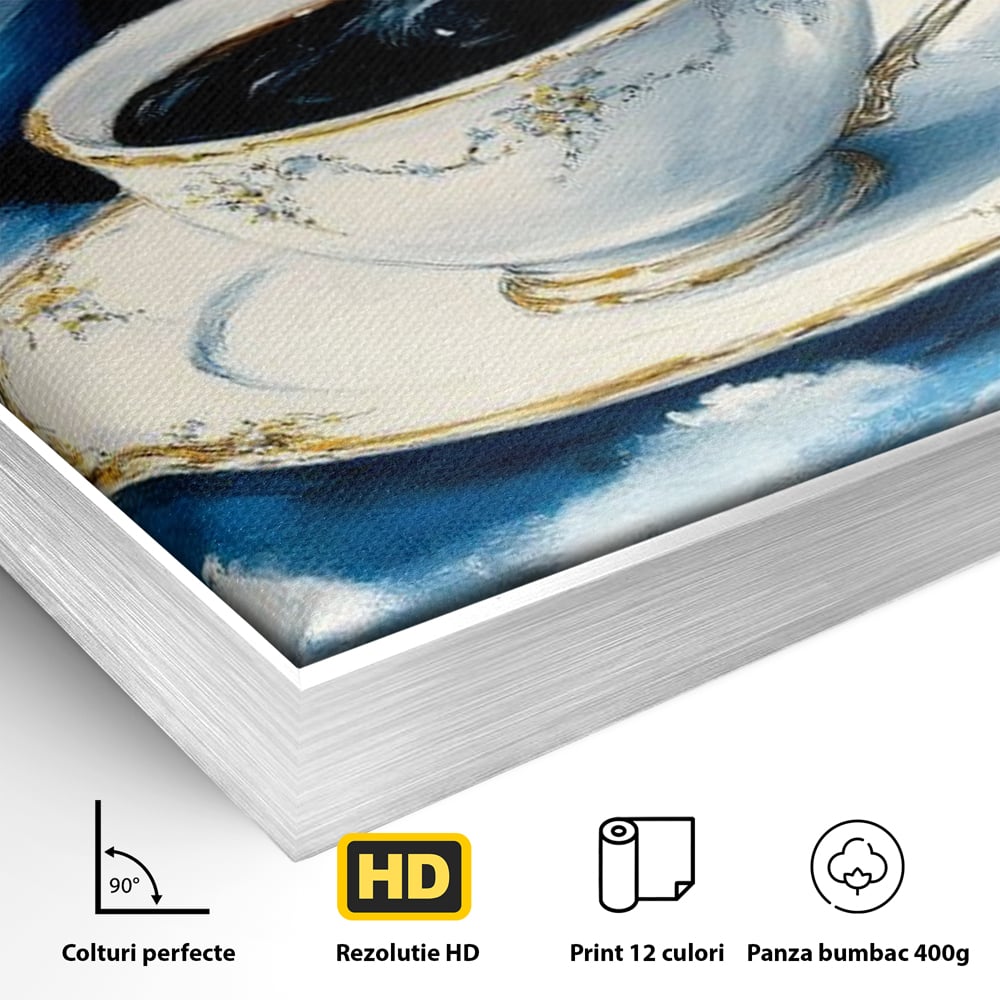 Tablou Canvas Premium, LuxCanva® N1150, Orbita Albastra, Ceasca, Cafea, Espresso, Aburi, Planeta, Cosmos, Stele, Cafenea, Pub, Bar, Lounge, Restaurant, Bucatarie