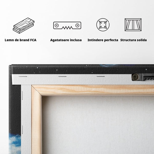 Tablou Canvas Premium, LuxCanva® N1150, Orbita Albastra, Ceasca, Cafea, Espresso, Aburi, Planeta, Cosmos, Stele, Cafenea, Pub, Bar, Lounge, Restaurant, Bucatarie