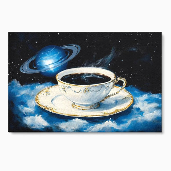 Tablou Canvas Premium, LuxCanva® N1150, Orbita Albastra, Ceasca, Cafea, Espresso, Aburi, Planeta, Cosmos, Stele, Cafenea, Pub, Bar, Lounge, Restaurant, Bucatarie