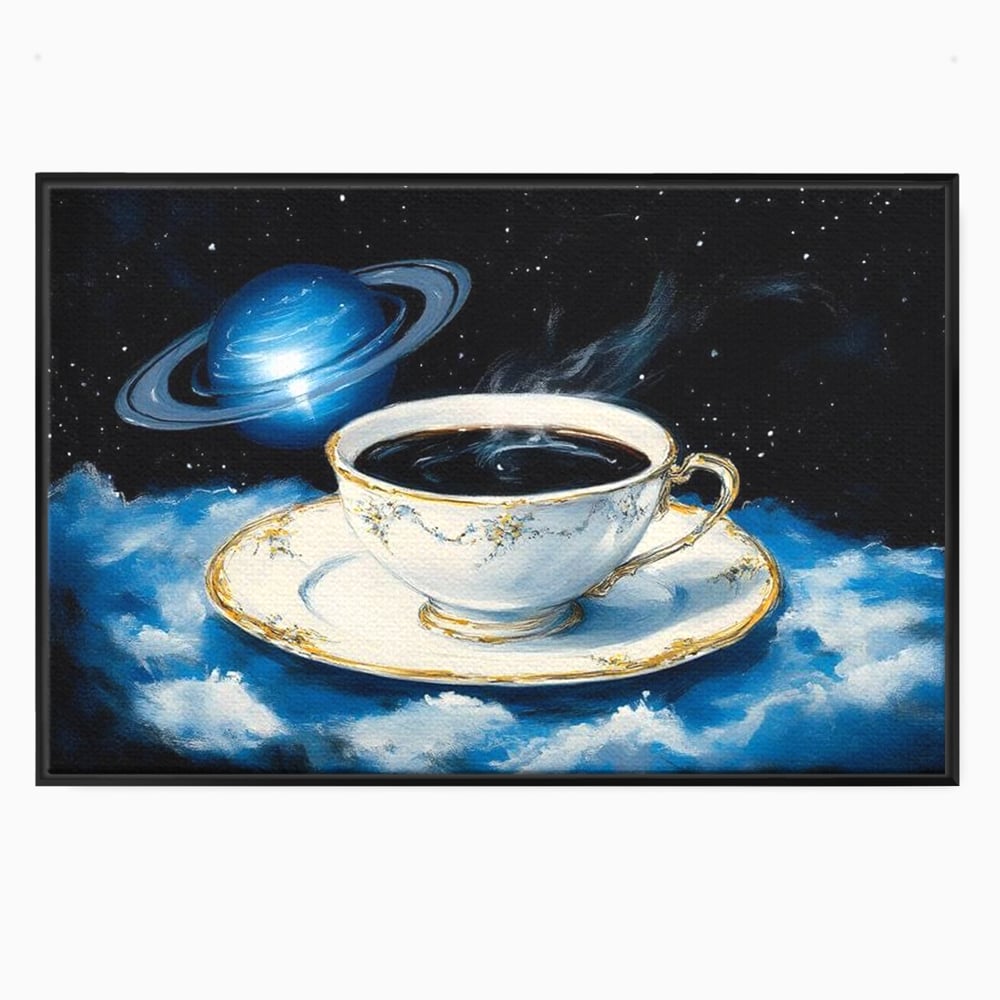 Tablou Canvas Premium, LuxCanva® N1150, Orbita Albastra, Ceasca, Cafea, Espresso, Aburi, Planeta, Cosmos, Stele, Cafenea, Pub, Bar, Lounge, Restaurant, Bucatarie