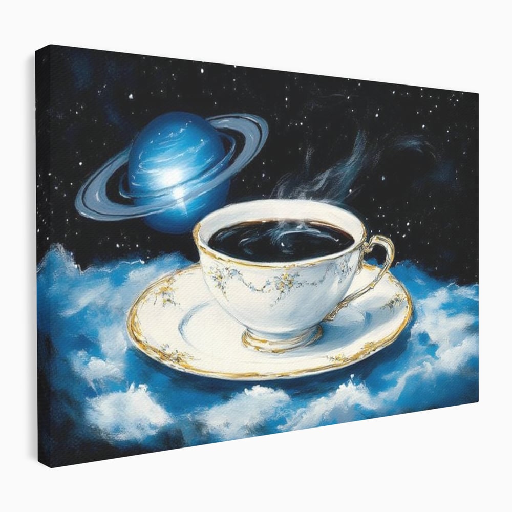 Tablou Canvas Premium, LuxCanva® N1150, Orbita Albastra, Ceasca, Cafea, Espresso, Aburi, Planeta, Cosmos, Stele, Cafenea, Pub, Bar, Lounge, Restaurant, Bucatarie