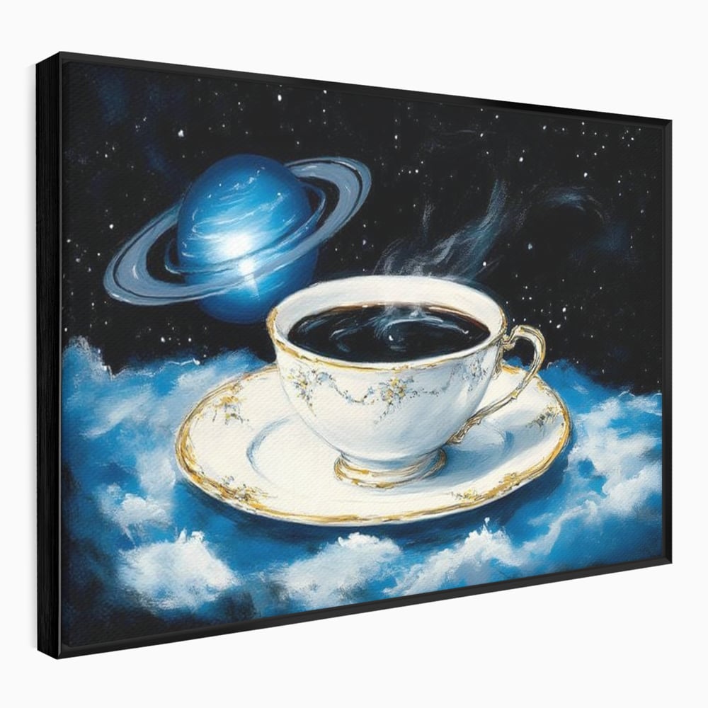Tablou Canvas Premium, LuxCanva® N1150, Orbita Albastra, Ceasca, Cafea, Espresso, Aburi, Planeta, Cosmos, Stele, Cafenea, Pub, Bar, Lounge, Restaurant, Bucatarie