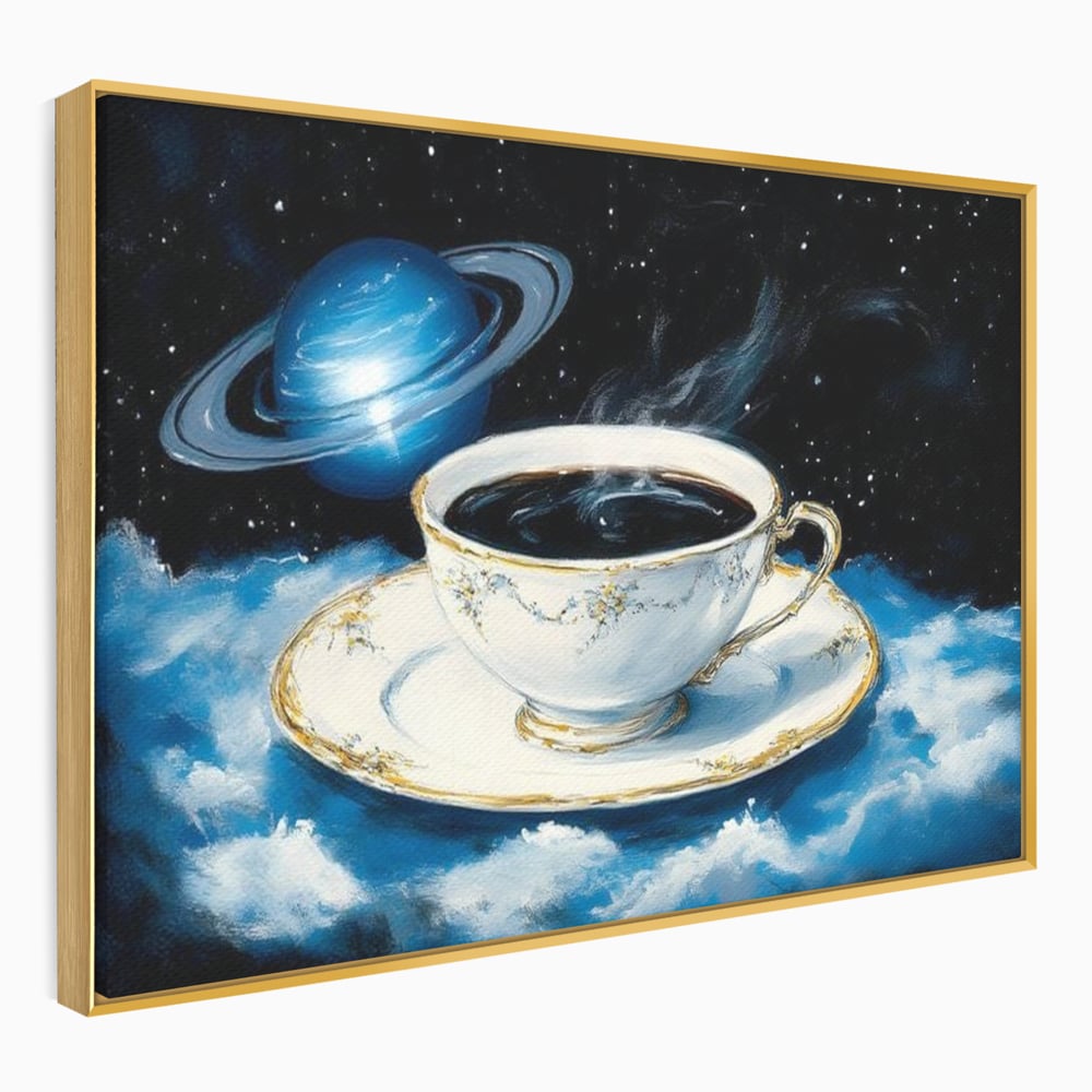 Tablou Canvas Premium, LuxCanva® N1150, Orbita Albastra, Ceasca, Cafea, Espresso, Aburi, Planeta, Cosmos, Stele, Cafenea, Pub, Bar, Lounge, Restaurant, Bucatarie