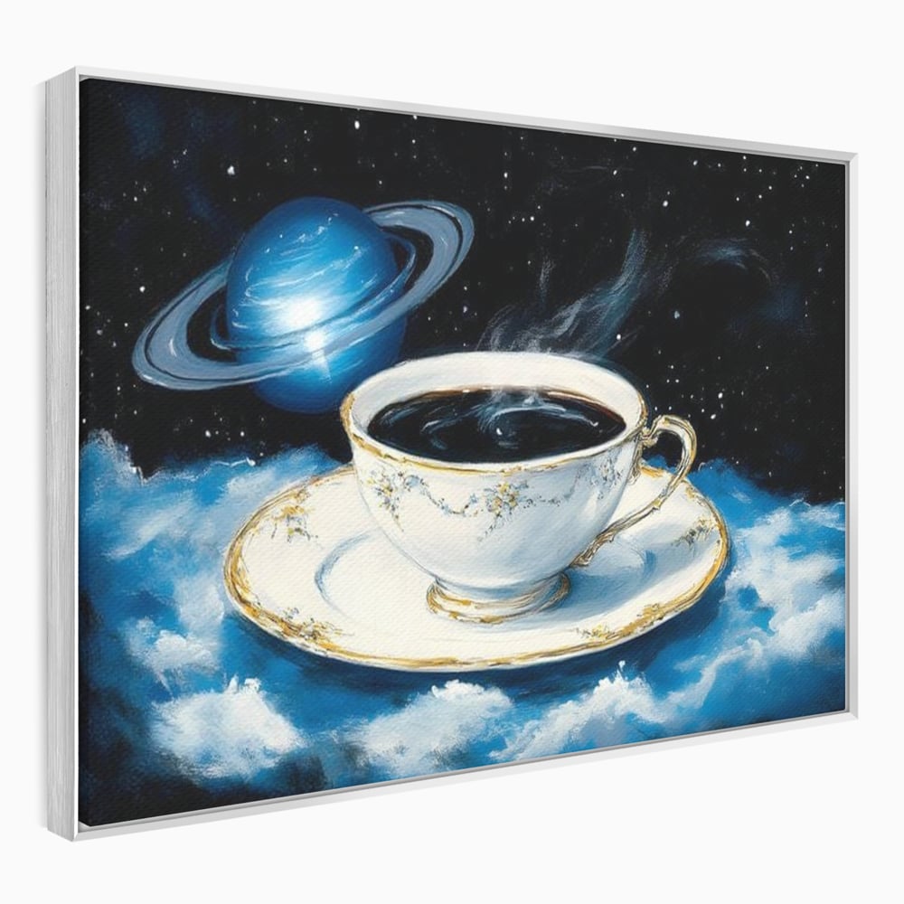 Tablou Canvas Premium, LuxCanva® N1150, Orbita Albastra, Ceasca, Cafea, Espresso, Aburi, Planeta, Cosmos, Stele, Cafenea, Pub, Bar, Lounge, Restaurant, Bucatarie