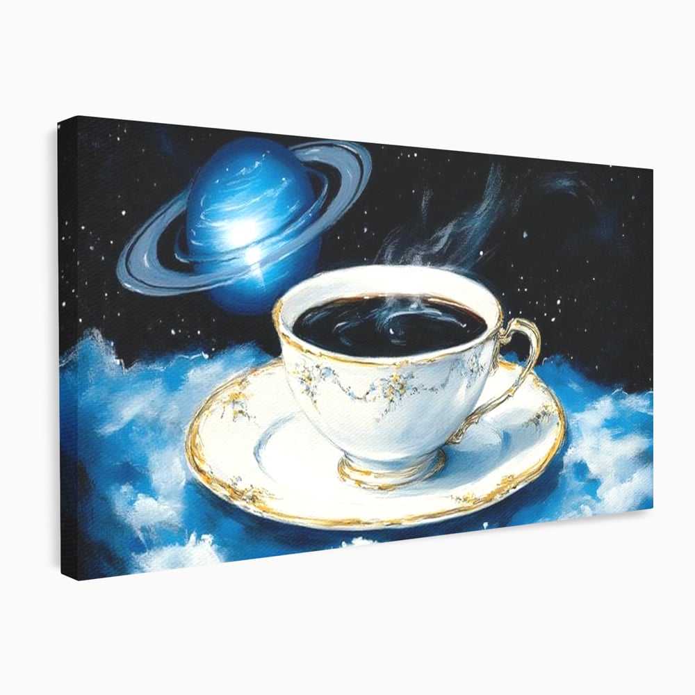 Tablou Canvas Premium, LuxCanva® N1150, Orbita Albastra, Ceasca, Cafea, Espresso, Aburi, Planeta, Cosmos, Stele, Cafenea, Pub, Bar, Lounge, Restaurant, Bucatarie