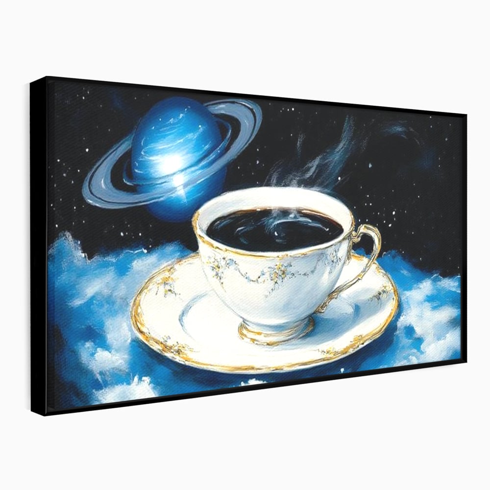 Tablou Canvas Premium, LuxCanva® N1150, Orbita Albastra, Ceasca, Cafea, Espresso, Aburi, Planeta, Cosmos, Stele, Cafenea, Pub, Bar, Lounge, Restaurant, Bucatarie