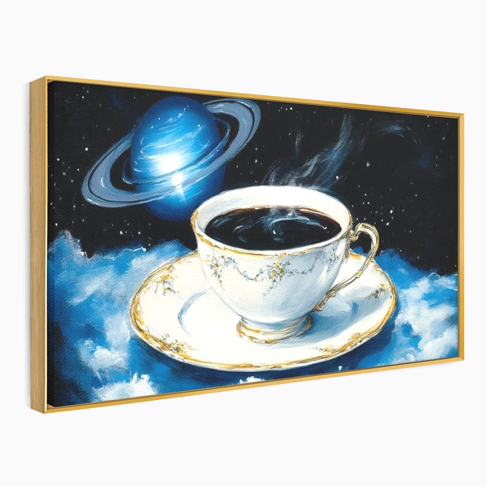 Tablou Canvas Premium, LuxCanva® N1150, Orbita Albastra, Ceasca, Cafea, Espresso, Aburi, Planeta, Cosmos, Stele, Cafenea, Pub, Bar, Lounge, Restaurant, Bucatarie