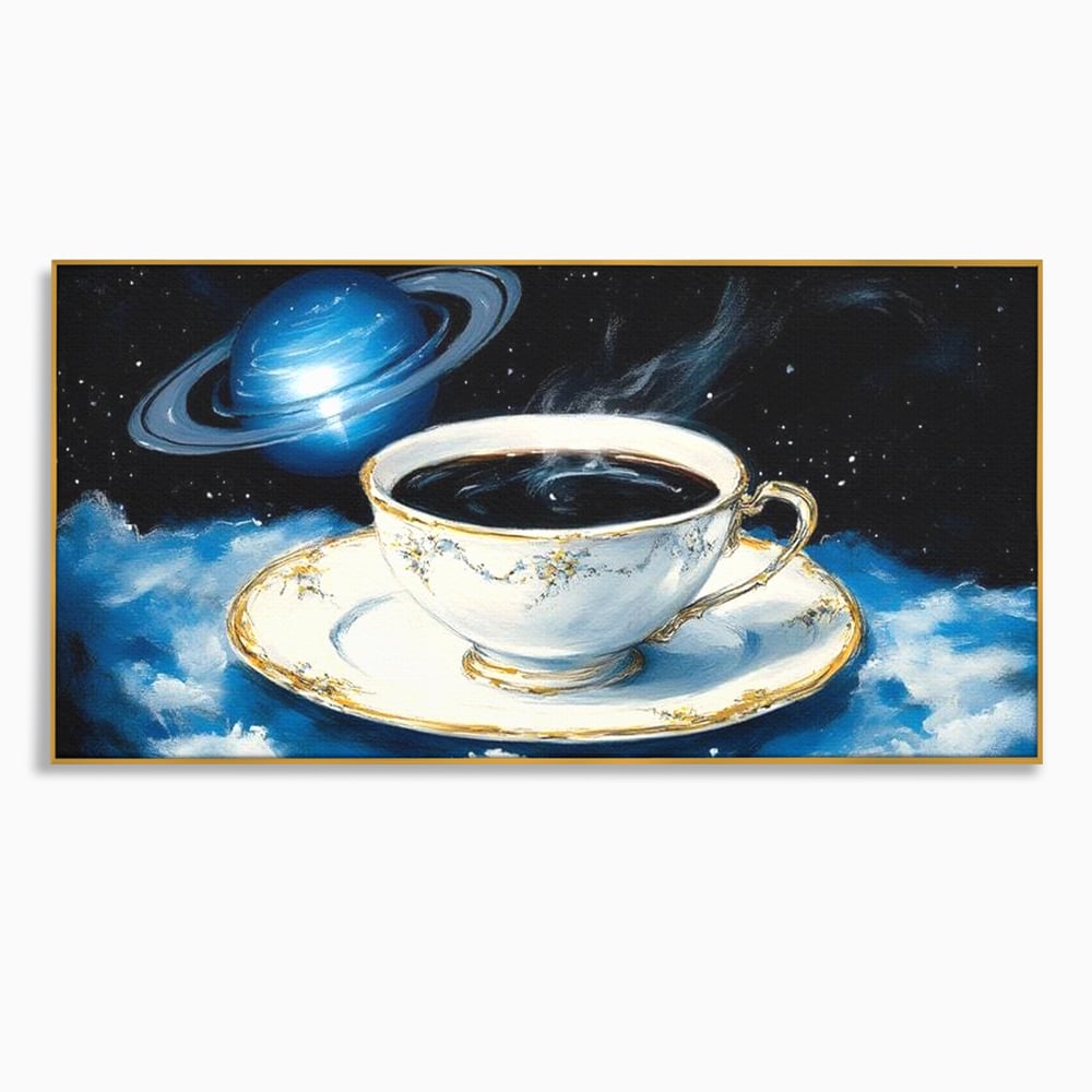 Tablou Canvas Premium, LuxCanva® N1150, Orbita Albastra, Ceasca, Cafea, Espresso, Aburi, Planeta, Cosmos, Stele, Cafenea, Pub, Bar, Lounge, Restaurant, Bucatarie