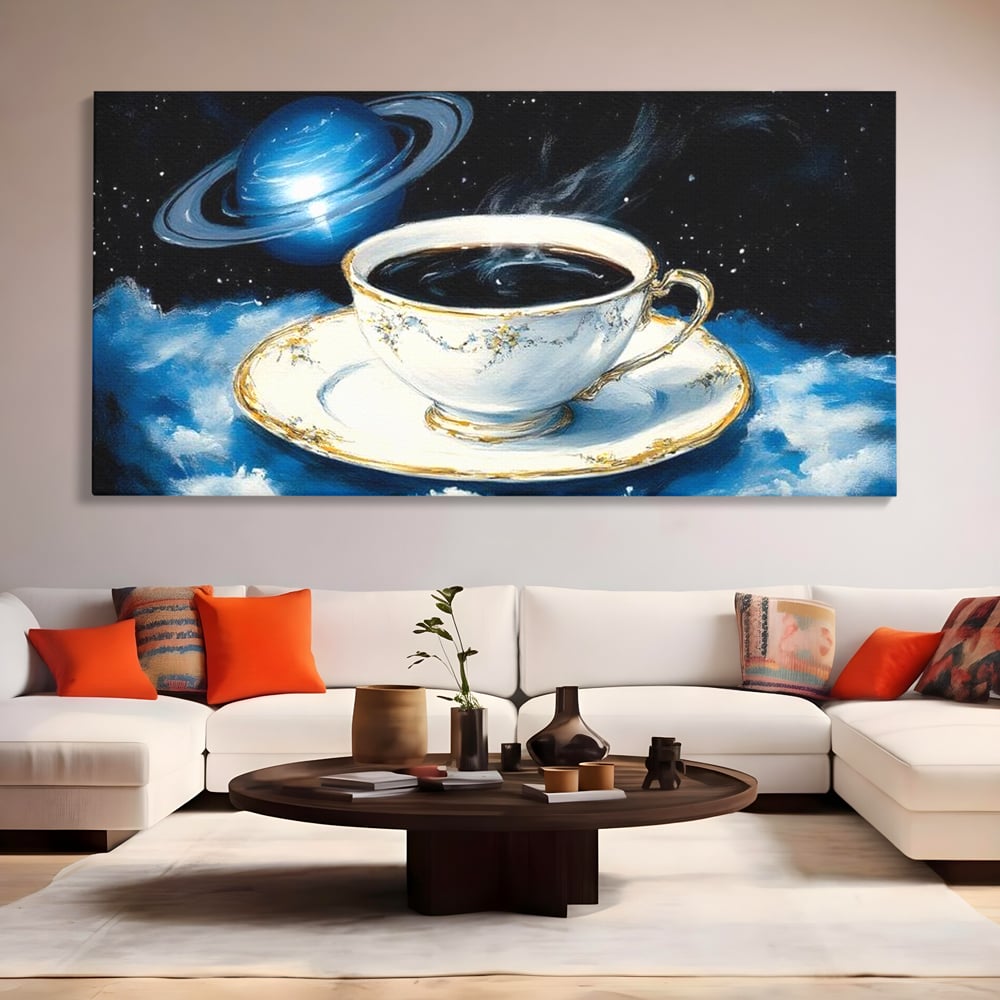 Tablou Canvas Premium, LuxCanva® N1150, Orbita Albastra, Ceasca, Cafea, Espresso, Aburi, Planeta, Cosmos, Stele, Cafenea, Pub, Bar, Lounge, Restaurant, Bucatarie