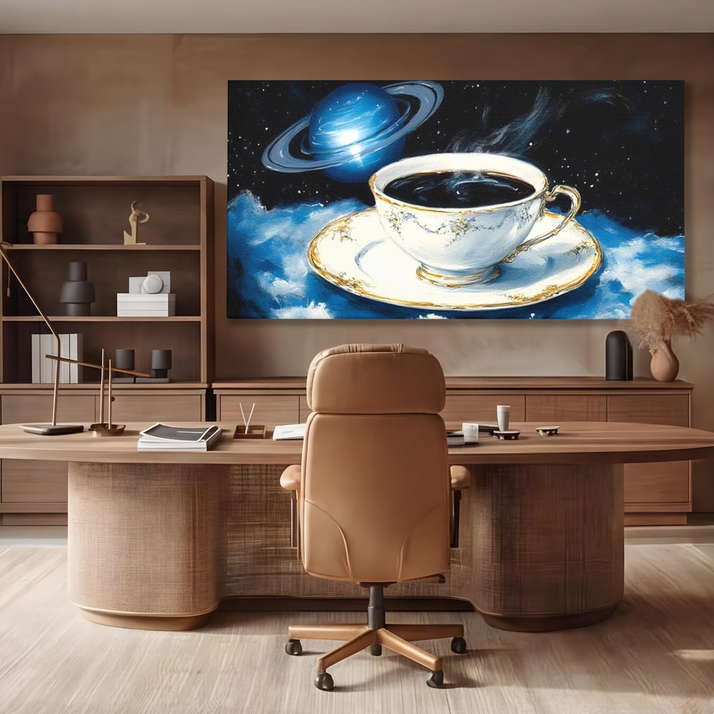 Tablou Canvas Premium, LuxCanva® N1150, Orbita Albastra, Ceasca, Cafea, Espresso, Aburi, Planeta, Cosmos, Stele, Cafenea, Pub, Bar, Lounge, Restaurant, Bucatarie