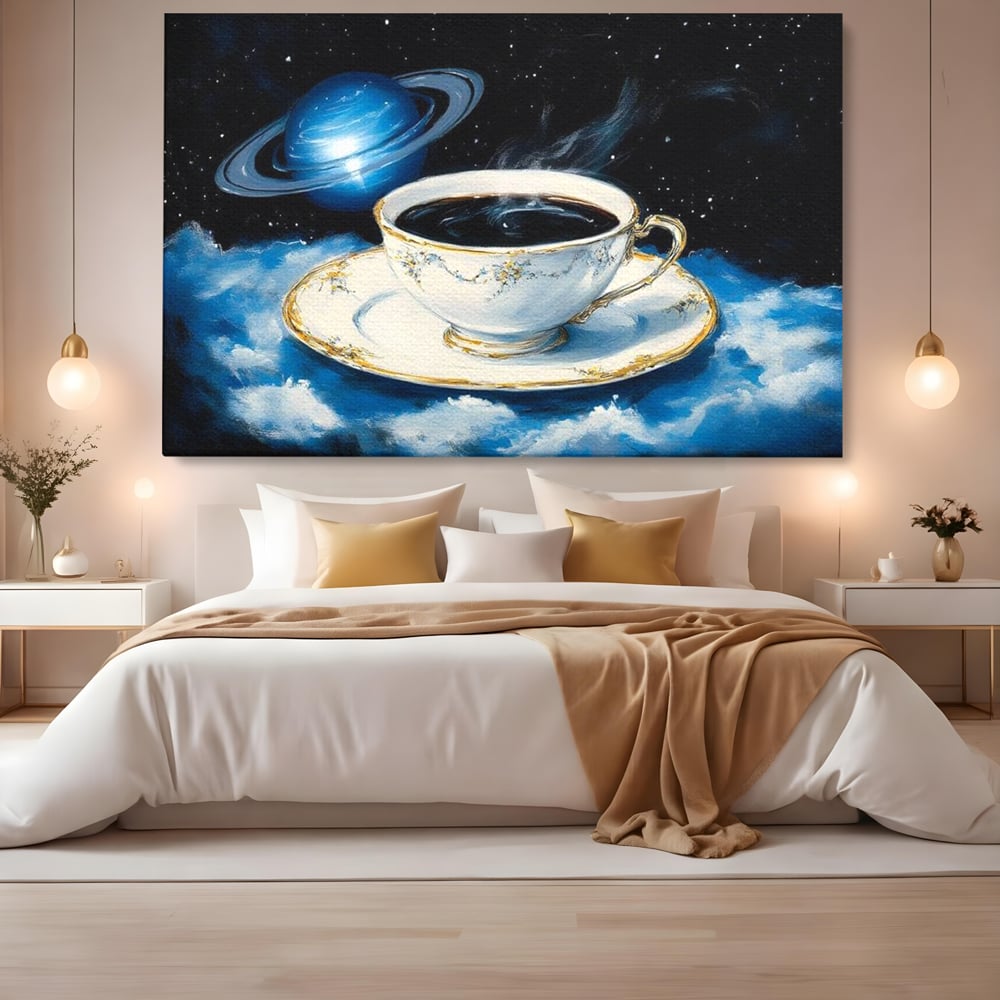 Tablou Canvas Premium, LuxCanva® N1150, Orbita Albastra, Ceasca, Cafea, Espresso, Aburi, Planeta, Cosmos, Stele, Cafenea, Pub, Bar, Lounge, Restaurant, Bucatarie