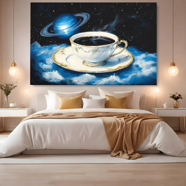 Tablou Canvas Premium, LuxCanva® N1150, Orbita Albastra, Ceasca, Cafea, Espresso, Aburi, Planeta, Cosmos, Stele, Cafenea, Pub, Bar, Lounge, Restaurant, Bucatarie