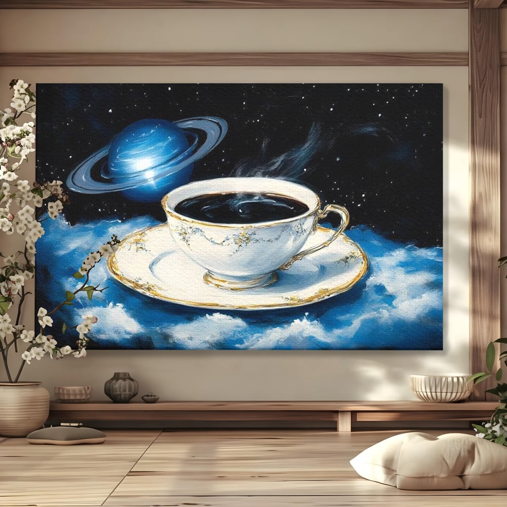 Tablou Canvas Premium, LuxCanva® N1150, Orbita Albastra, Ceasca, Cafea, Espresso, Aburi, Planeta, Cosmos, Stele, Cafenea, Pub, Bar, Lounge, Restaurant, Bucatarie