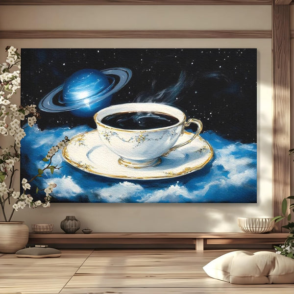 Tablou Canvas Premium, LuxCanva® N1150, Orbita Albastra, Ceasca, Cafea, Espresso, Aburi, Planeta, Cosmos, Stele, Cafenea, Pub, Bar, Lounge, Restaurant, Bucatarie