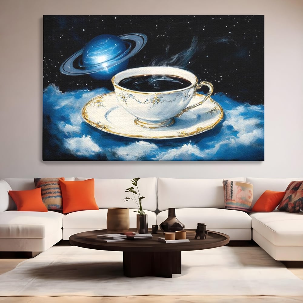 Tablou Canvas Premium, LuxCanva® N1150, Orbita Albastra, Ceasca, Cafea, Espresso, Aburi, Planeta, Cosmos, Stele, Cafenea, Pub, Bar, Lounge, Restaurant, Bucatarie