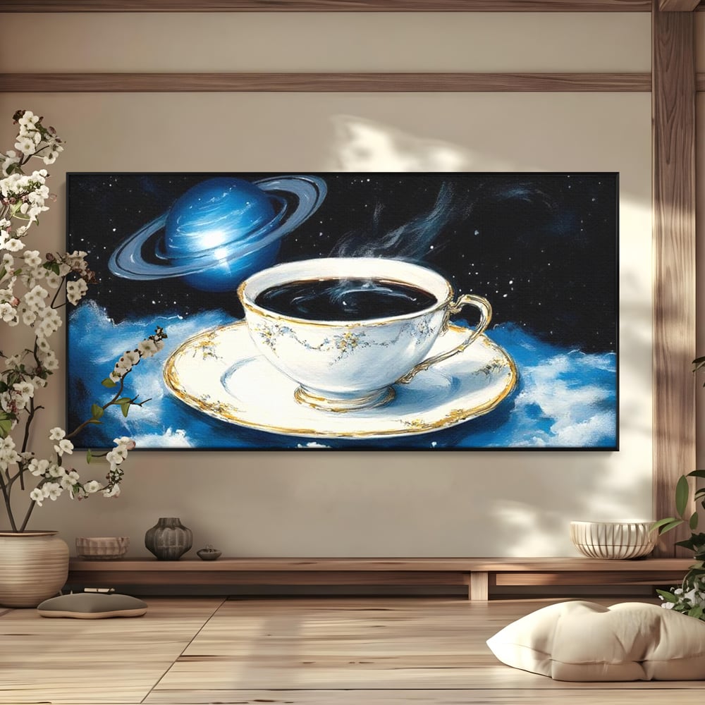 Tablou Canvas Premium, LuxCanva® N1150, Orbita Albastra, Ceasca, Cafea, Espresso, Aburi, Planeta, Cosmos, Stele, Cafenea, Pub, Bar, Lounge, Restaurant, Bucatarie