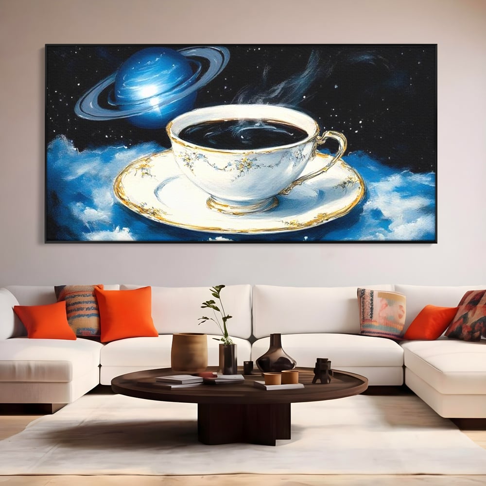 Tablou Canvas Premium, LuxCanva® N1150, Orbita Albastra, Ceasca, Cafea, Espresso, Aburi, Planeta, Cosmos, Stele, Cafenea, Pub, Bar, Lounge, Restaurant, Bucatarie
