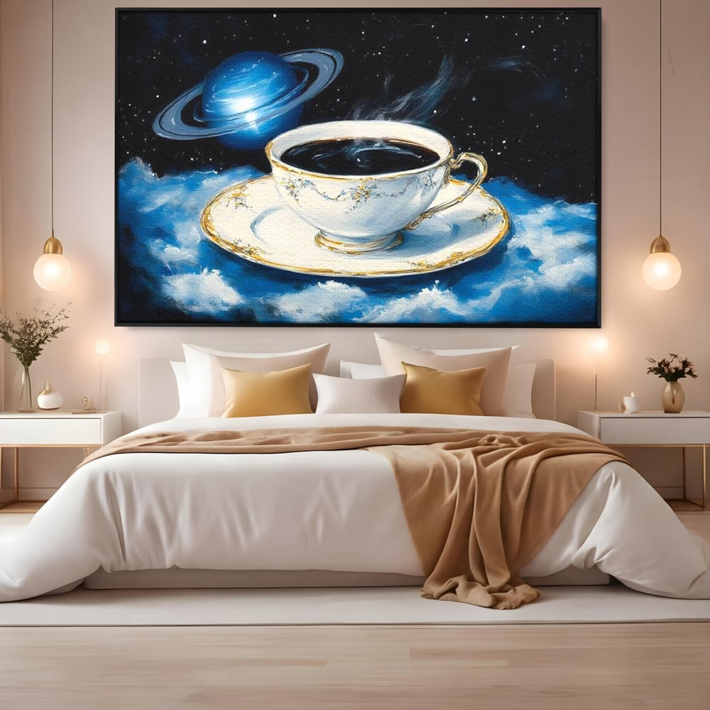 Tablou Canvas Premium, LuxCanva® N1150, Orbita Albastra, Ceasca, Cafea, Espresso, Aburi, Planeta, Cosmos, Stele, Cafenea, Pub, Bar, Lounge, Restaurant, Bucatarie