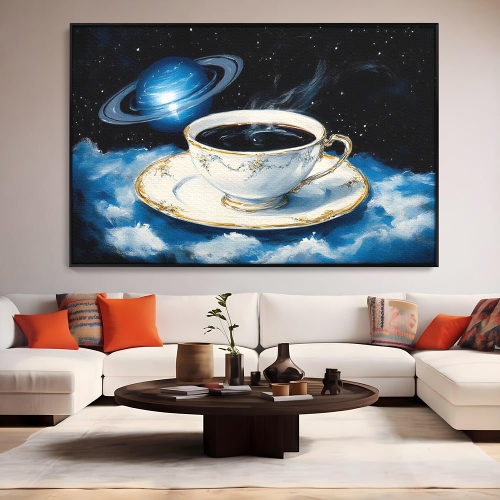 Tablou Canvas Premium, LuxCanva® N1150, Orbita Albastra, Ceasca, Cafea, Espresso, Aburi, Planeta, Cosmos, Stele, Cafenea, Pub, Bar, Lounge, Restaurant, Bucatarie