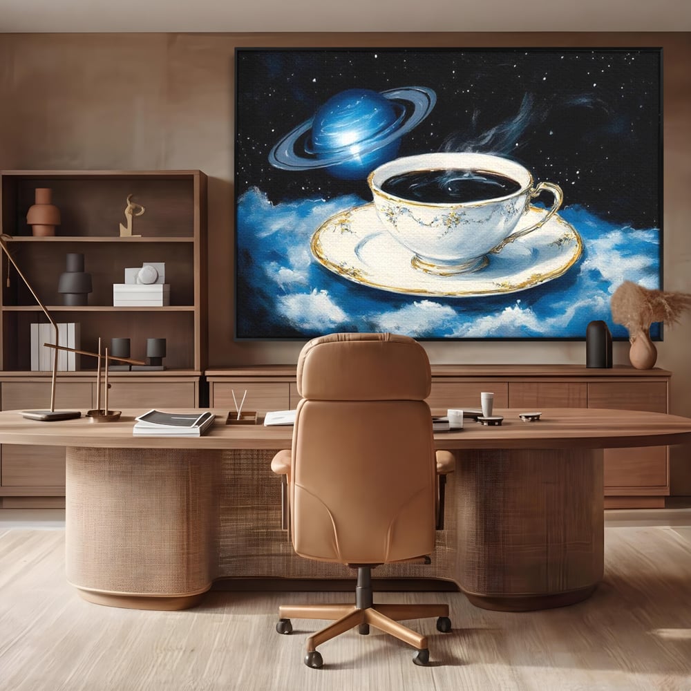 Tablou Canvas Premium, LuxCanva® N1150, Orbita Albastra, Ceasca, Cafea, Espresso, Aburi, Planeta, Cosmos, Stele, Cafenea, Pub, Bar, Lounge, Restaurant, Bucatarie