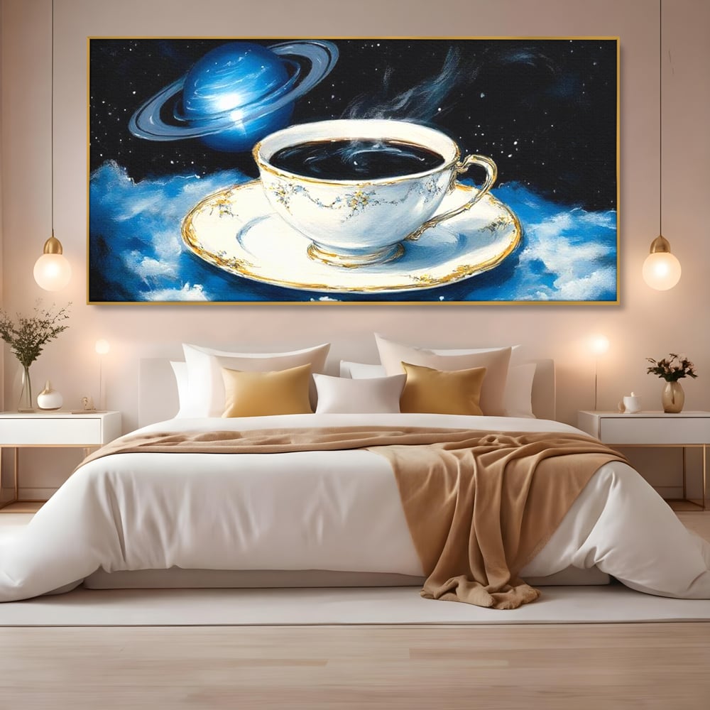 Tablou Canvas Premium, LuxCanva® N1150, Orbita Albastra, Ceasca, Cafea, Espresso, Aburi, Planeta, Cosmos, Stele, Cafenea, Pub, Bar, Lounge, Restaurant, Bucatarie