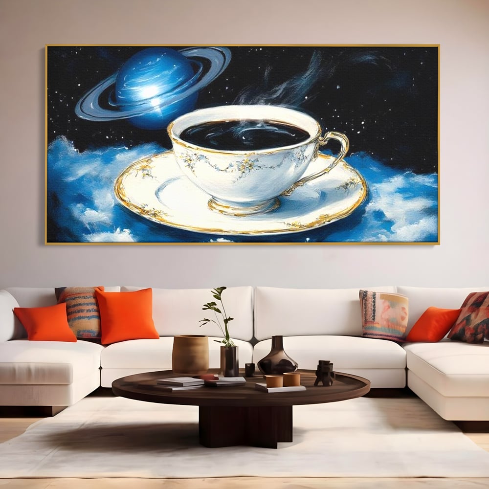 Tablou Canvas Premium, LuxCanva® N1150, Orbita Albastra, Ceasca, Cafea, Espresso, Aburi, Planeta, Cosmos, Stele, Cafenea, Pub, Bar, Lounge, Restaurant, Bucatarie