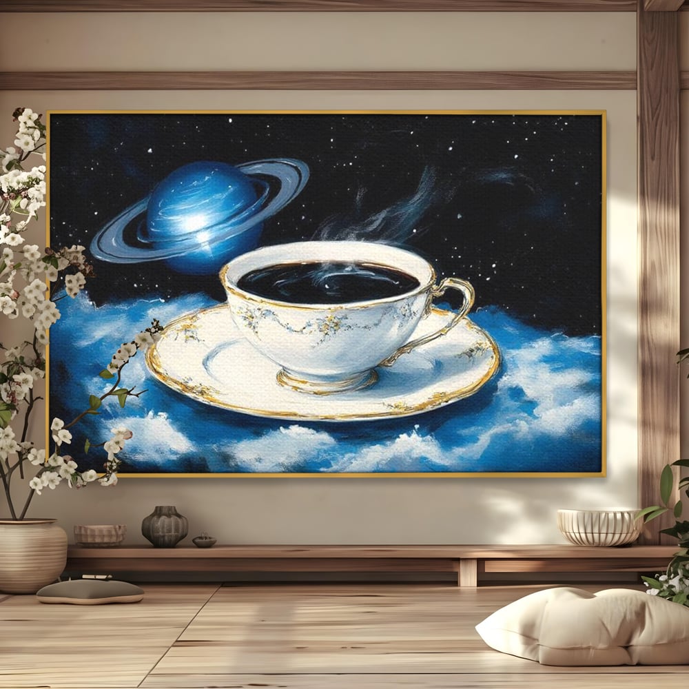 Tablou Canvas Premium, LuxCanva® N1150, Orbita Albastra, Ceasca, Cafea, Espresso, Aburi, Planeta, Cosmos, Stele, Cafenea, Pub, Bar, Lounge, Restaurant, Bucatarie
