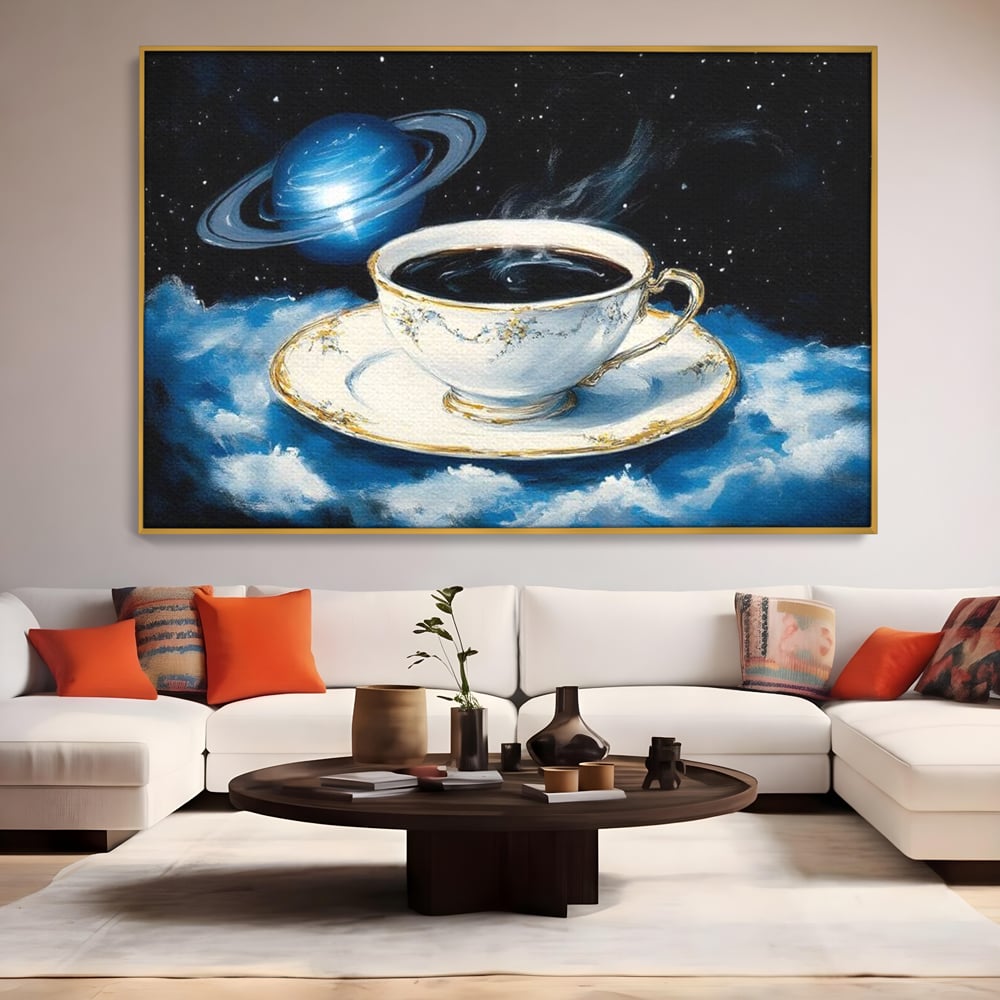 Tablou Canvas Premium, LuxCanva® N1150, Orbita Albastra, Ceasca, Cafea, Espresso, Aburi, Planeta, Cosmos, Stele, Cafenea, Pub, Bar, Lounge, Restaurant, Bucatarie