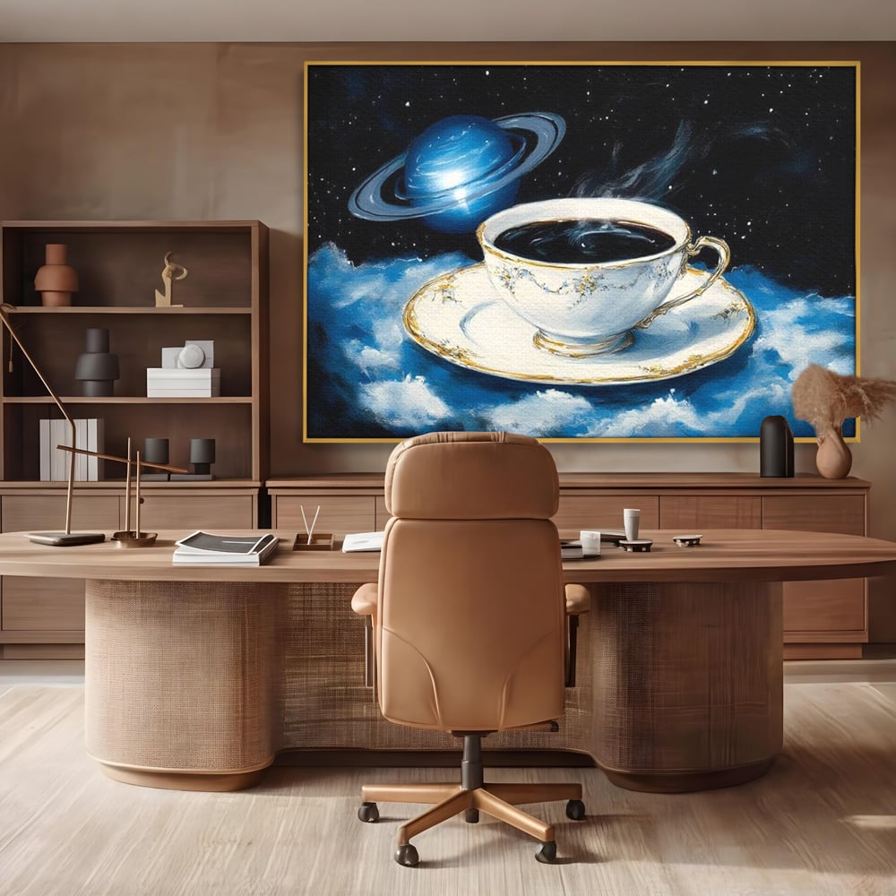 Tablou Canvas Premium, LuxCanva® N1150, Orbita Albastra, Ceasca, Cafea, Espresso, Aburi, Planeta, Cosmos, Stele, Cafenea, Pub, Bar, Lounge, Restaurant, Bucatarie