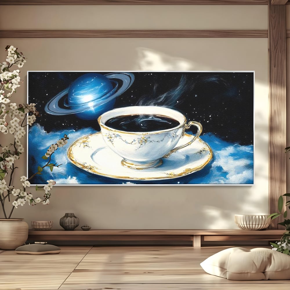 Tablou Canvas Premium, LuxCanva® N1150, Orbita Albastra, Ceasca, Cafea, Espresso, Aburi, Planeta, Cosmos, Stele, Cafenea, Pub, Bar, Lounge, Restaurant, Bucatarie