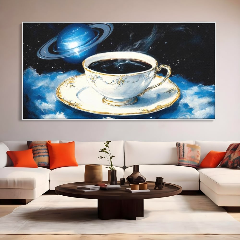 Tablou Canvas Premium, LuxCanva® N1150, Orbita Albastra, Ceasca, Cafea, Espresso, Aburi, Planeta, Cosmos, Stele, Cafenea, Pub, Bar, Lounge, Restaurant, Bucatarie