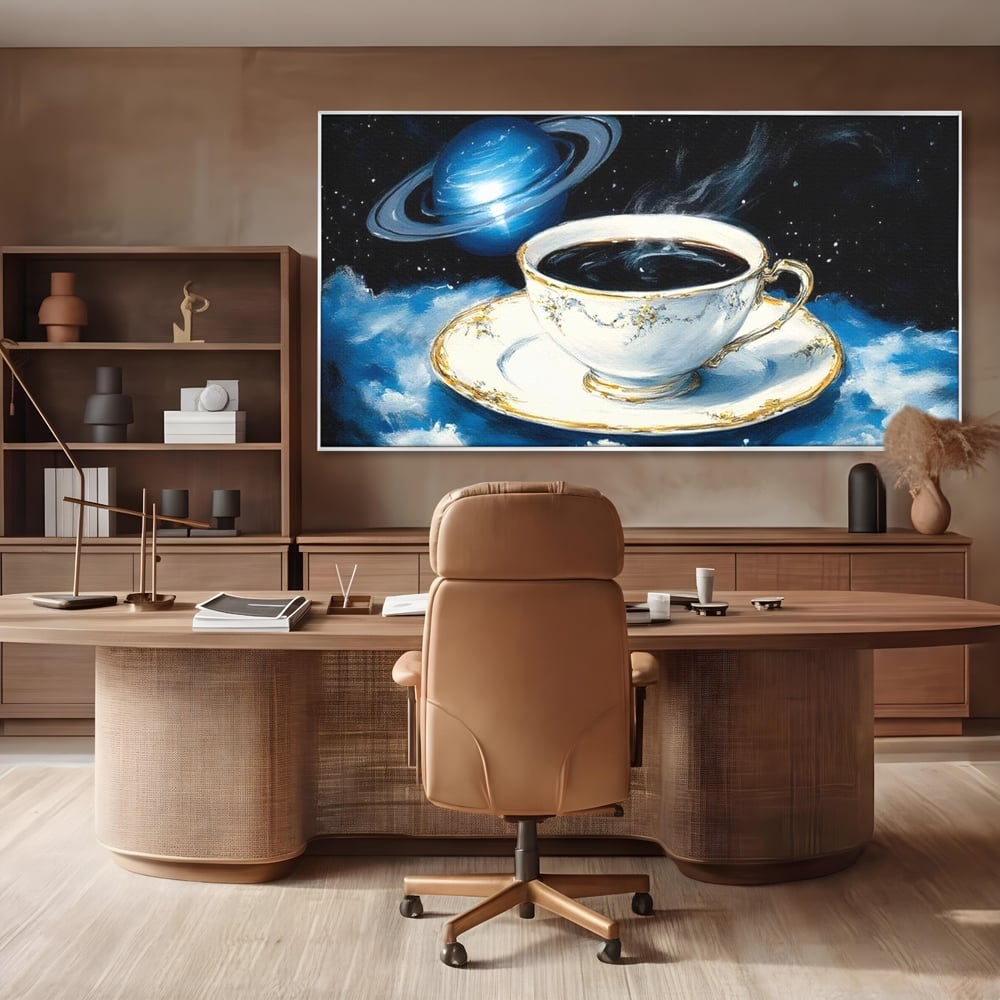 Tablou Canvas Premium, LuxCanva® N1150, Orbita Albastra, Ceasca, Cafea, Espresso, Aburi, Planeta, Cosmos, Stele, Cafenea, Pub, Bar, Lounge, Restaurant, Bucatarie