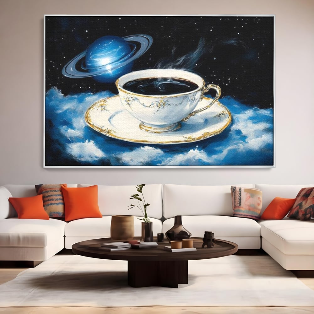 Tablou Canvas Premium, LuxCanva® N1150, Orbita Albastra, Ceasca, Cafea, Espresso, Aburi, Planeta, Cosmos, Stele, Cafenea, Pub, Bar, Lounge, Restaurant, Bucatarie