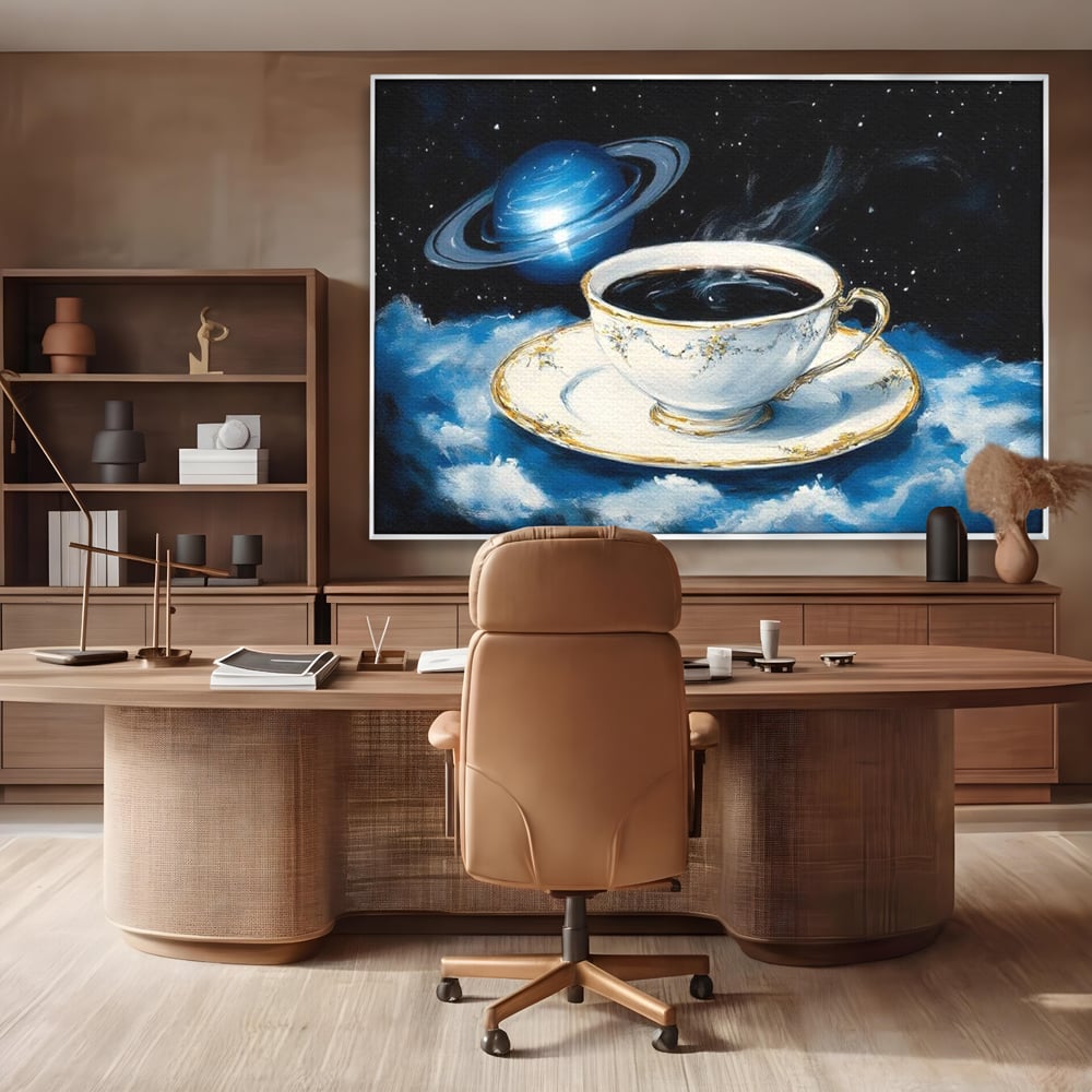 Tablou Canvas Premium, LuxCanva® N1150, Orbita Albastra, Ceasca, Cafea, Espresso, Aburi, Planeta, Cosmos, Stele, Cafenea, Pub, Bar, Lounge, Restaurant, Bucatarie