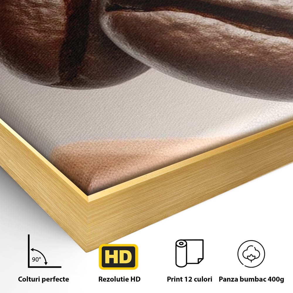 Tablou Canvas Premium, LuxCanva® N1153, Duo Espresso, Matinal, Semicerc, Auriu, Arta Abstracta, Boabe de Cafea, Design, Aroma, Cafenea, Pub, Bar, Lounge, Restaurant, Bucatarie