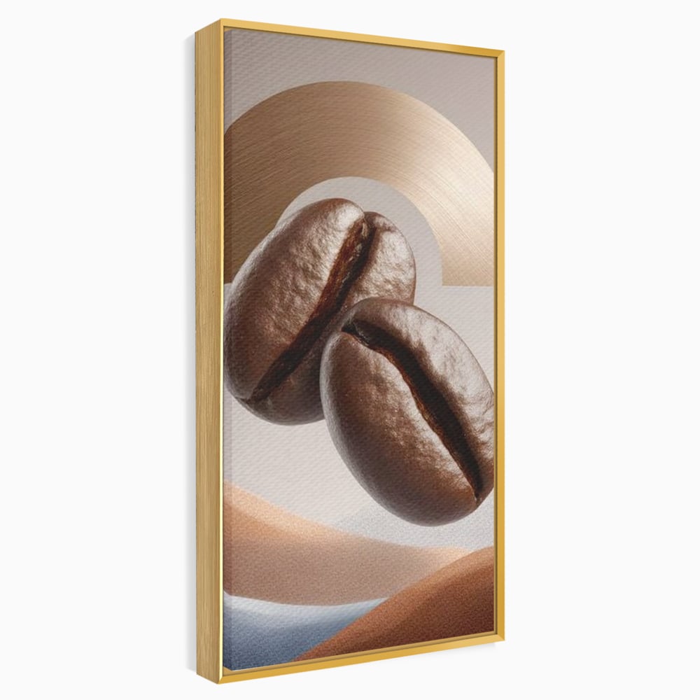 Tablou Canvas Premium, LuxCanva® N1153, Duo Espresso, Matinal, Semicerc, Auriu, Arta Abstracta, Boabe de Cafea, Design, Aroma, Cafenea, Pub, Bar, Lounge, Restaurant, Bucatarie